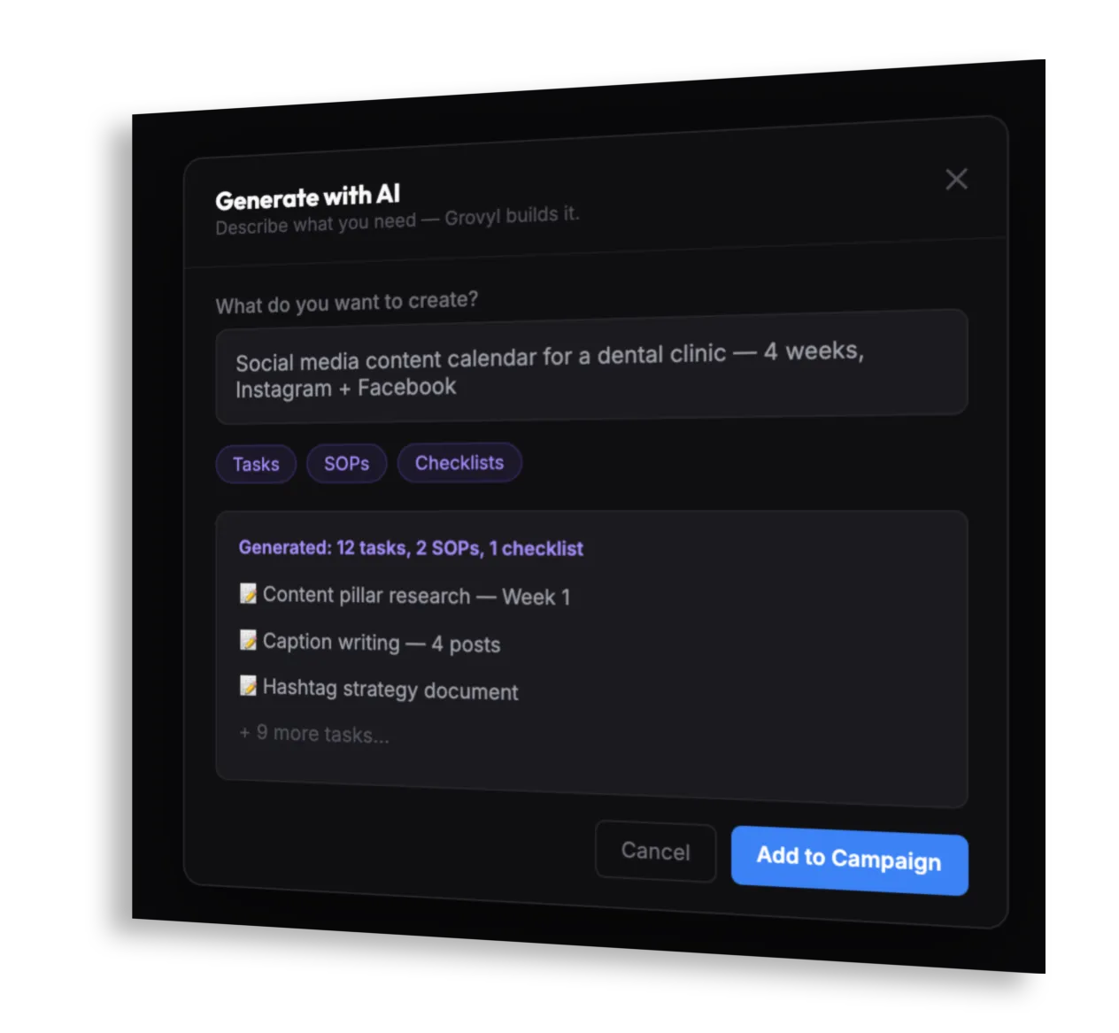 Grovyl AI generating marketing SOPs and checklists