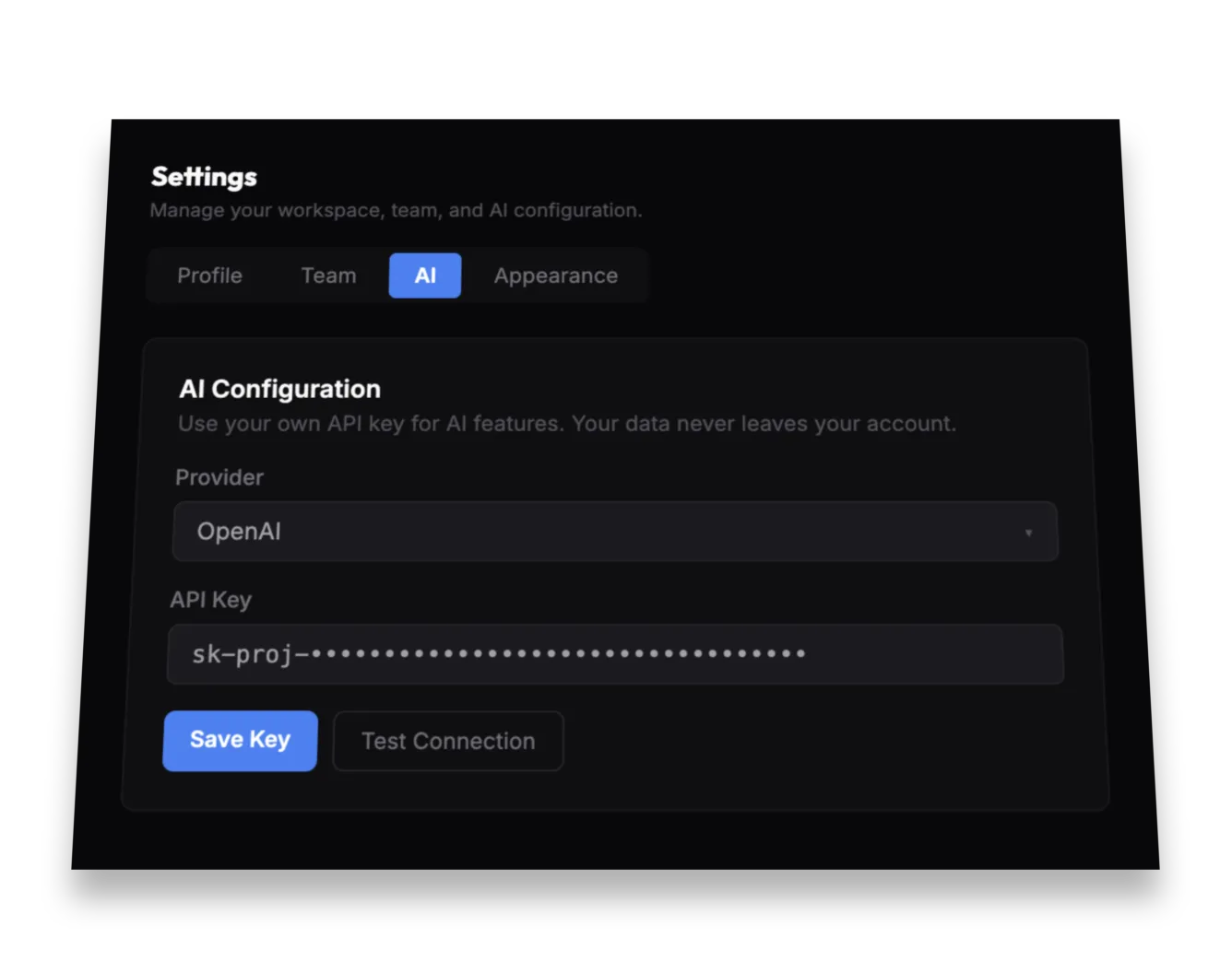 Grovyl BYOK settings for OpenAI, Anthropic, and DeepSeek