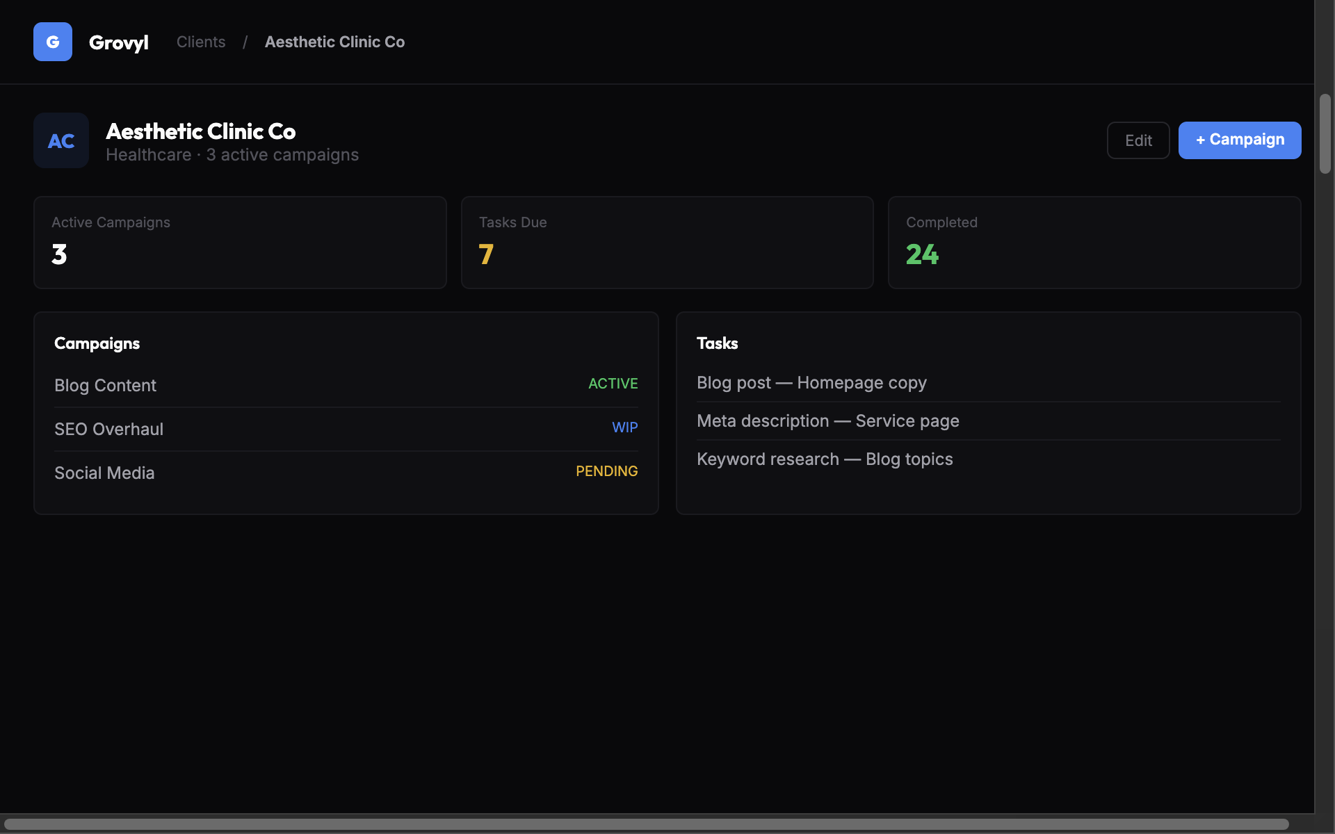 Grovyl Client Page