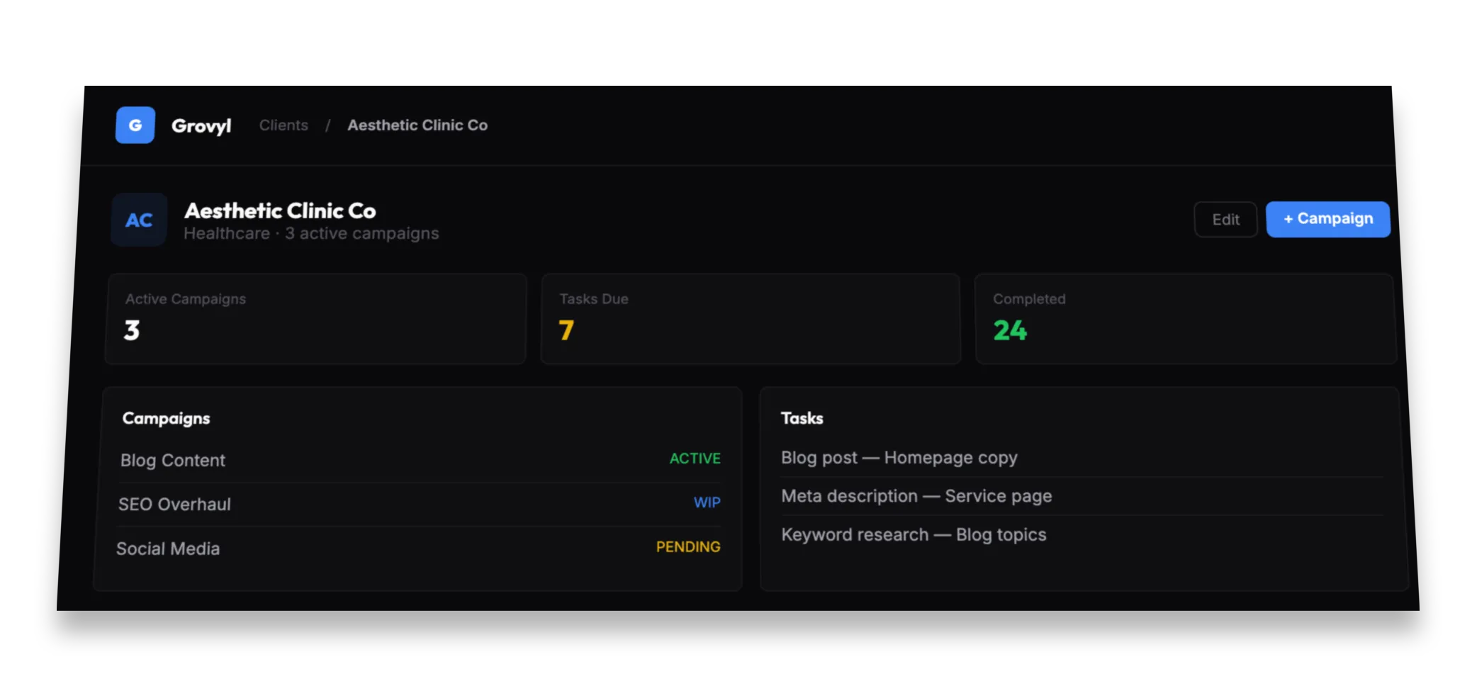 Grovyl client management page with campaigns and tasks