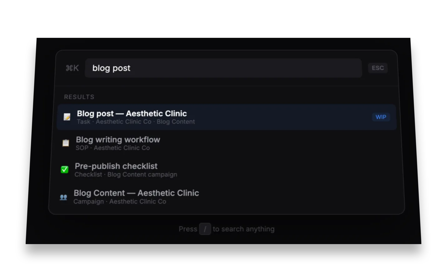 Grovyl command palette search across all marketing assets